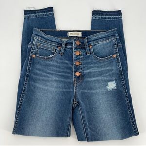 Madewell 10” High Rise Skinny Button Fly Raw Hem Distressed Jeans sz 27